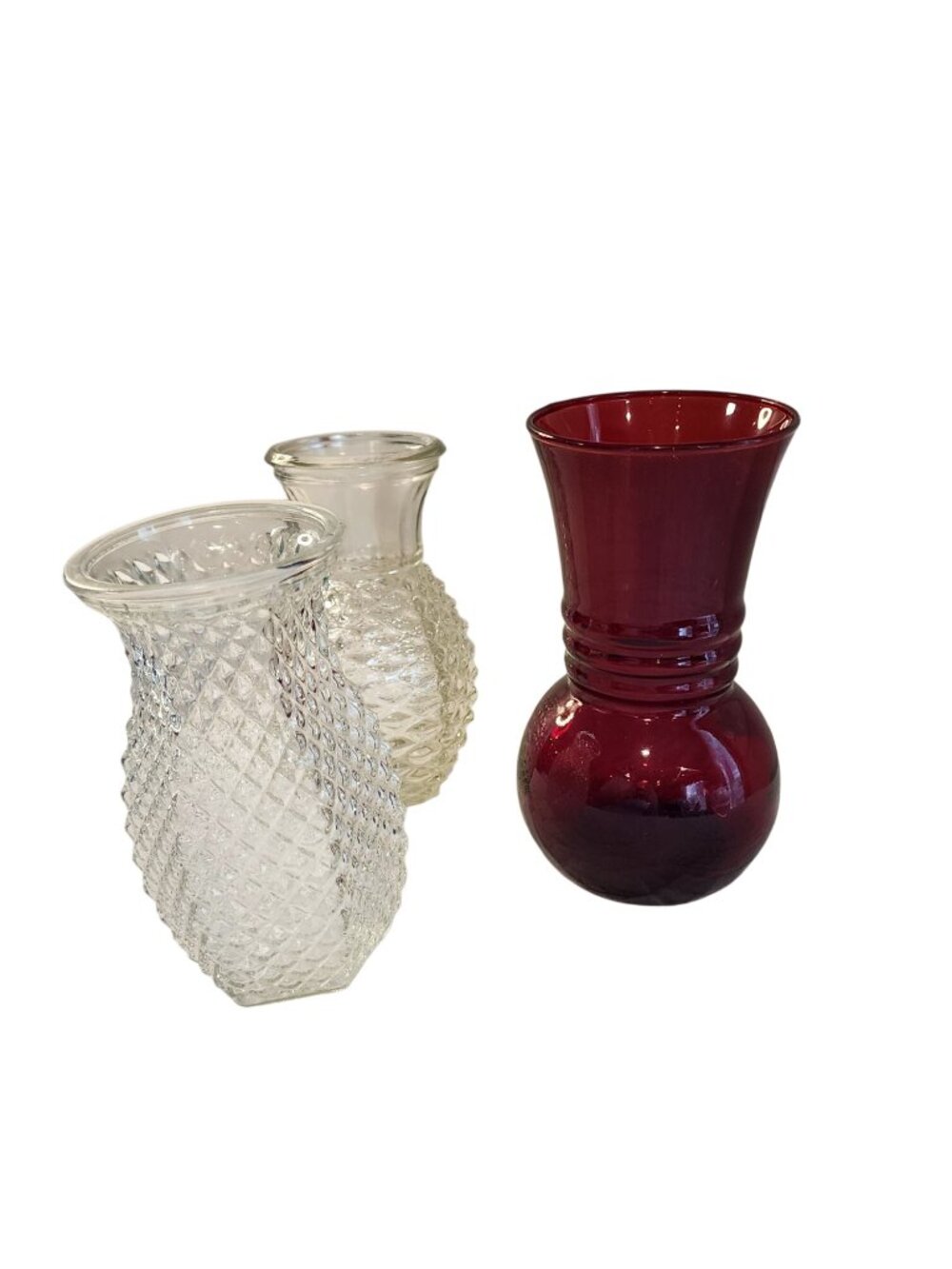 Hoosier Diamond Point / FTD Pineapple/ Anchor Hocking Ruby Red Flower Vases
